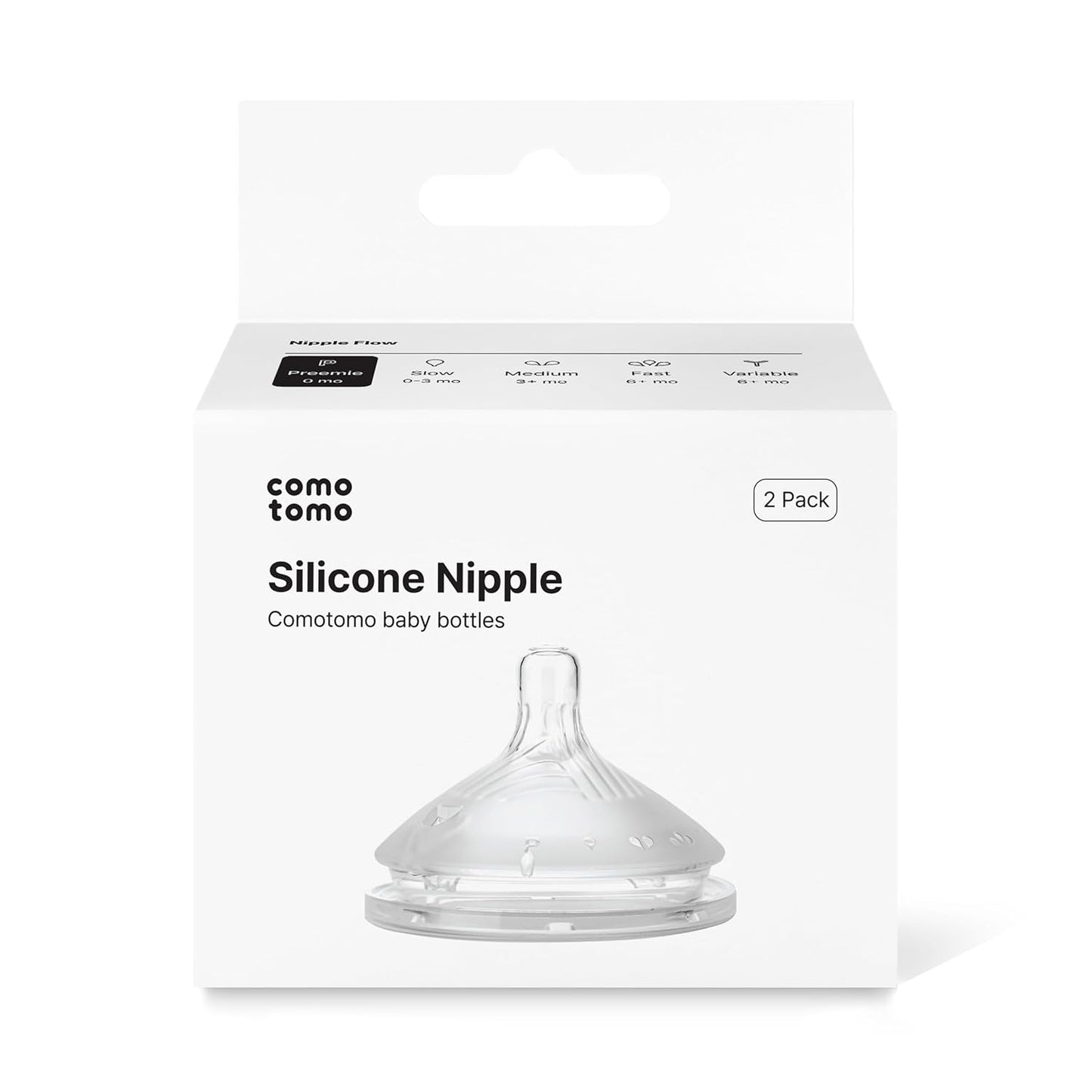 Comotomo Silicone Replacement Nipples for Baby Bottle Gen 2 (2026 Release) - Soft, Silicone Nipples with Dual Anti-Colic Vents Designed for Natural Latch (Pack of 2), Fast Flow (6+ Months)