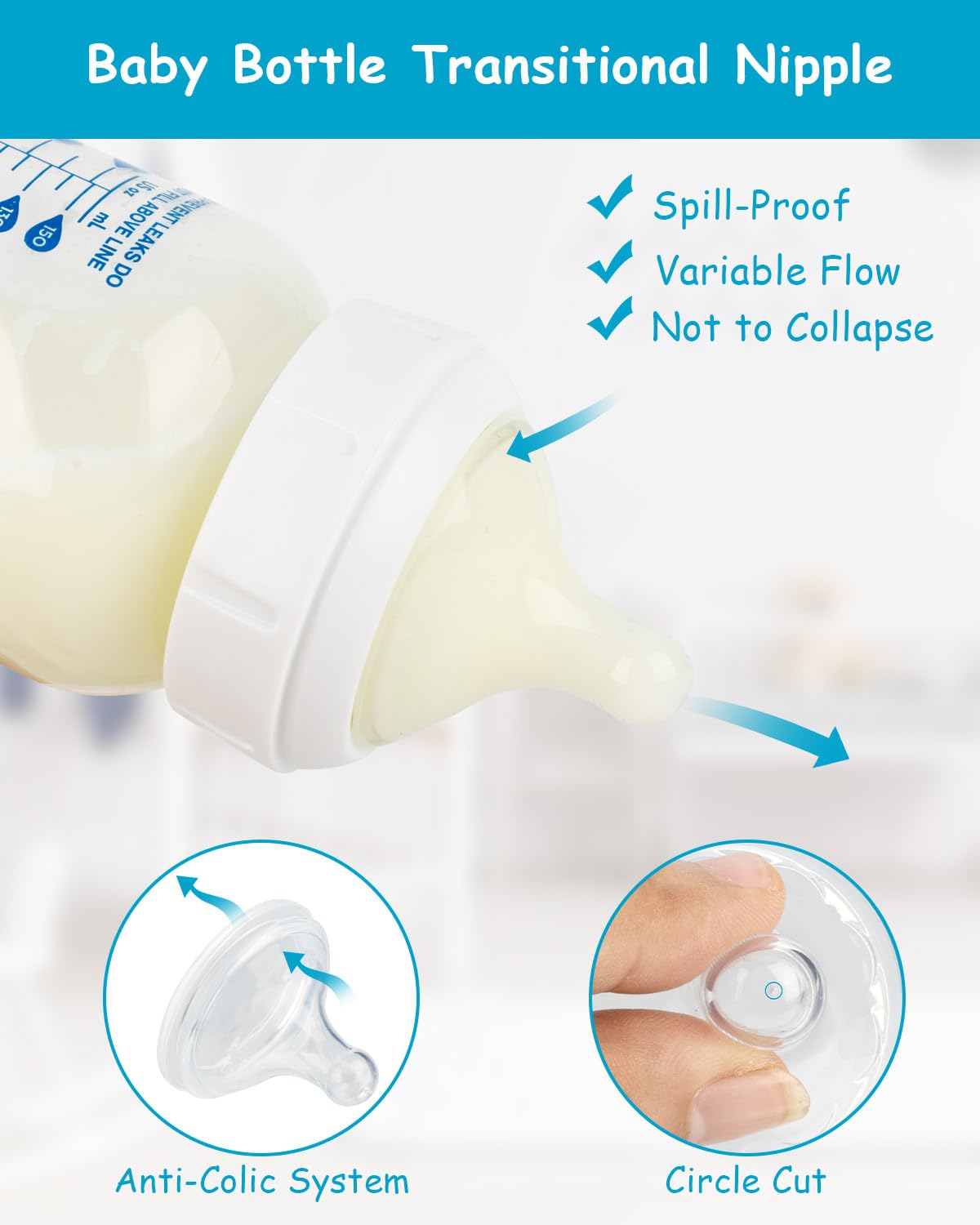 Silicone Nipple for Dr. Brown's Natural Flow Level 1 Wide-Neck Baby Bottle, 0m+, Slow Flow, 6 Count