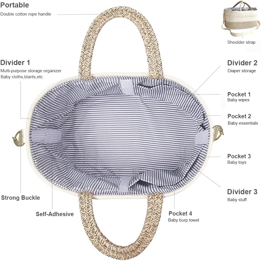 Baby Diaper Caddy Organizer, Portable Nursery Storage Basket with Changeable Compartments, 100% Cotton Woven Rope Baskets, Car & Changing Table Tote, Newborn Gift