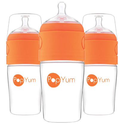 PopYum 9 oz Blue Anti-Colic Formula Making Baby Bottles, 3-Pack with #2 Medium Flow Nipples, 260 ml, BPA-Free, Natural Latch, Mixing, Dispenser