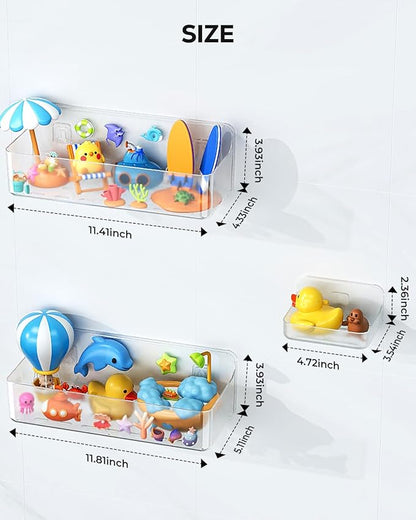 Nieifi Bath Toy Storage Holder, Bathtub Toy Storage, Large Capacity Bath Toy Organizer, Adhesive Shower Caddy for Bathroom, Clear (2 large + 1 small)