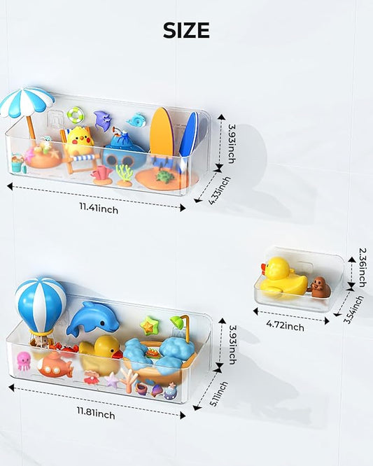 Nieifi Bath Toy Storage Holder, Bathtub Toy Storage, Large Capacity Bath Toy Organizer, Adhesive Shower Caddy for Bathroom, Clear (2 large + 1 small)