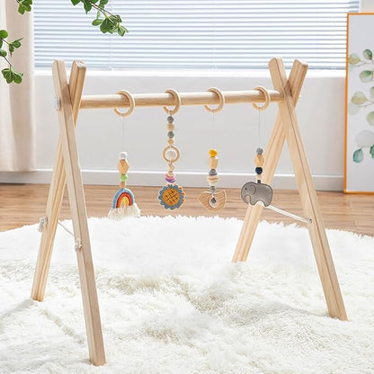 Wooden Baby Play Gym with Hanging Bar, 4 Gym Toys and Natural Pine Wood, Perfect for Infant Development