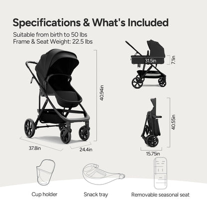 Mompush Baby Stroller, Convertible 2-in-1 with Bassinet Option, Infant Car Seat Compatible, Includes Adapter - Sturdy Full-Size Infant Stroller for Family Adventures