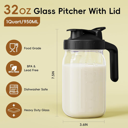 Breast Milk Pitcher - 32 oz Glass Mason Jar with Dual Leak-Proof Design, Airtight Seal, Pour Spout & Handle, Storage Container for Breastmilk, Iced Tea & Ice Drinks（Pink）