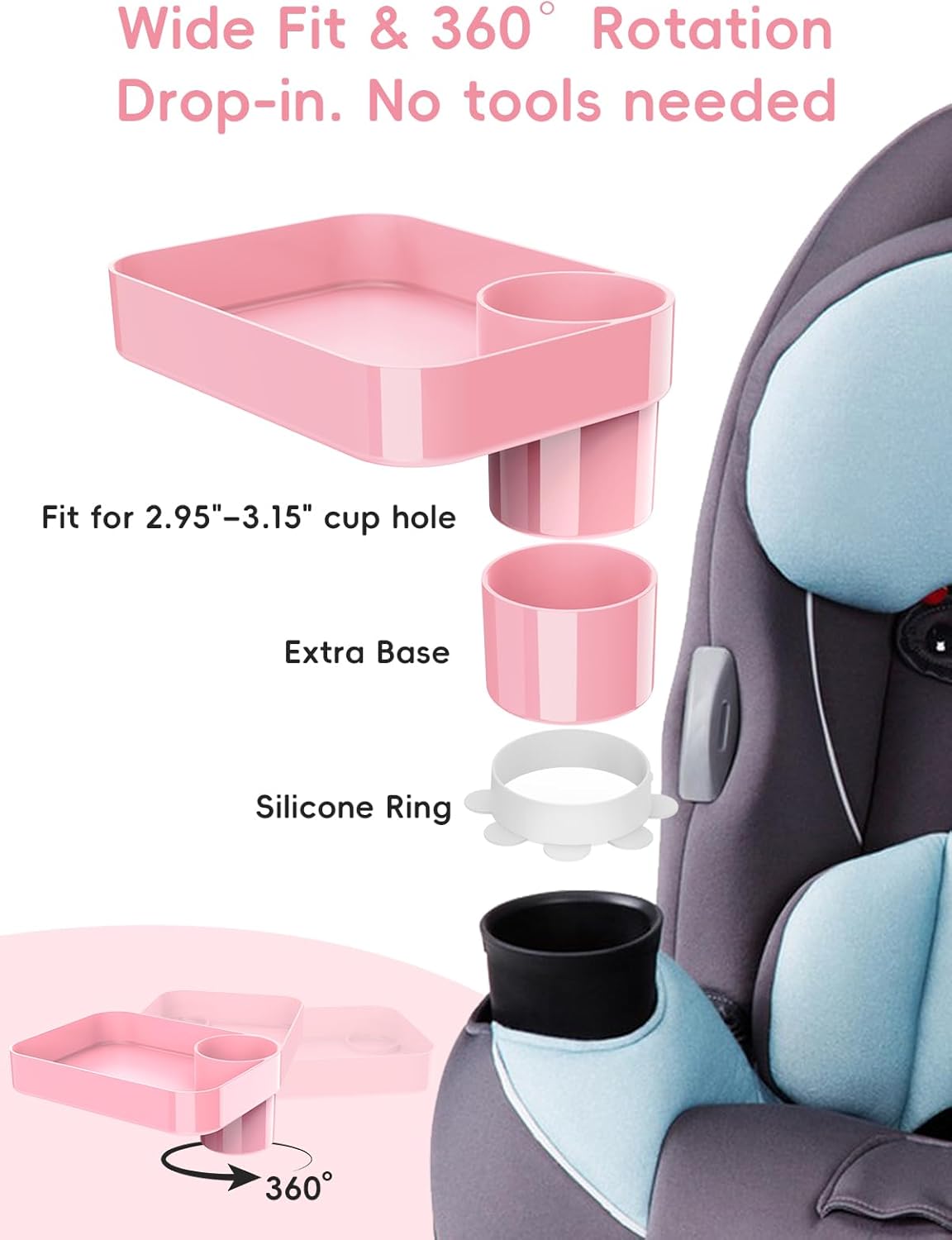 Car Seat Cup Holder Snack Tray for Kids, Reduces Mess, Detachable Large Base & Adjustable Ring, Carseat Tray for Toddler, Car Seat Food Tray Table for Kid Travel Road Trip Essentials -Light Gray