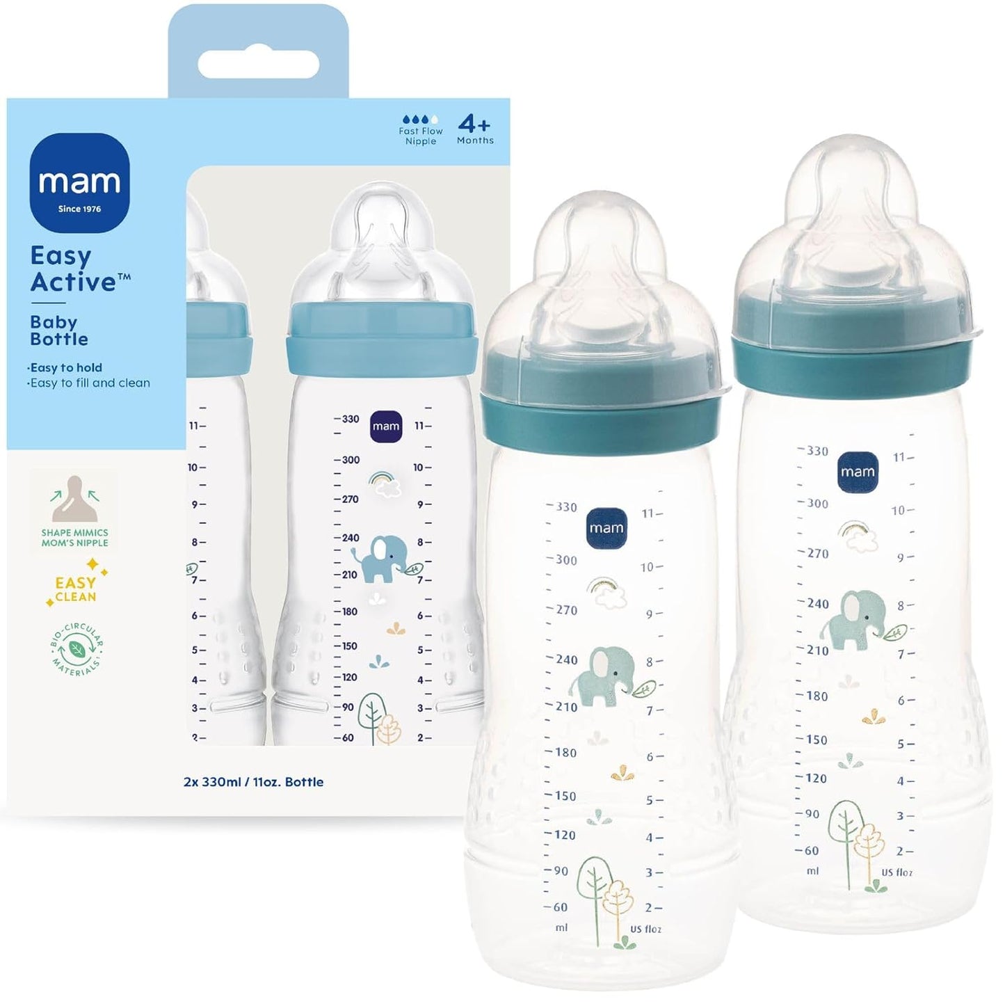 MAM Easy Active Baby Bottle 2 Pack, 11oz, BPA Free, Fast Flow Silicone Nipple, Anti-Slip Grip, Leak-Proof, 4+ Months, Cotton