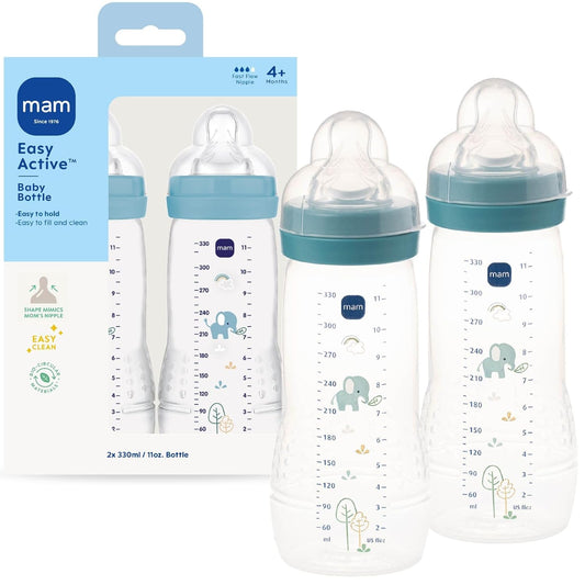 MAM Easy Active Baby Bottle 2 Pack, 11oz, BPA Free, Fast Flow Silicone Nipple, Anti-Slip Grip, Leak-Proof, 4+ Months, Cotton