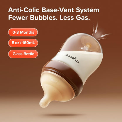 Thyseed Anti-Colic Glass Baby Bottle for Breastfed Infants, Natural Feeding, Breast-Like Newborn Extra Slow Flow Nipple (0m+), 5 oz, 2 Pack