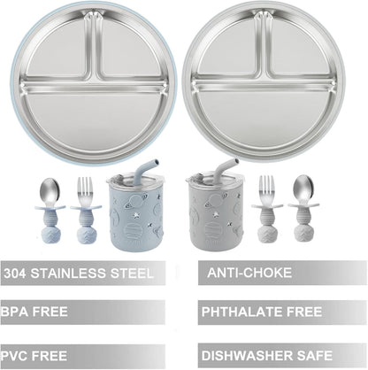 PandaEar Stainless Steel Baby Feeding Set | 2 Divided Suction Plates, 2 Spill-Proof Straw Cups with Silicone Sleeves, 2 Forks & 2 Spoons | Toddler Utensils for Baby Led Weaning, BPA-Free (Pink)
