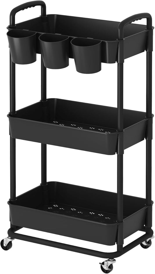 3-Tier Baby Diaper Caddy Organizer Cart with Locking Wheels & Hanging Cups - Rolling Storage Cart for Nursery, Changing Table, Baby Essentials,White