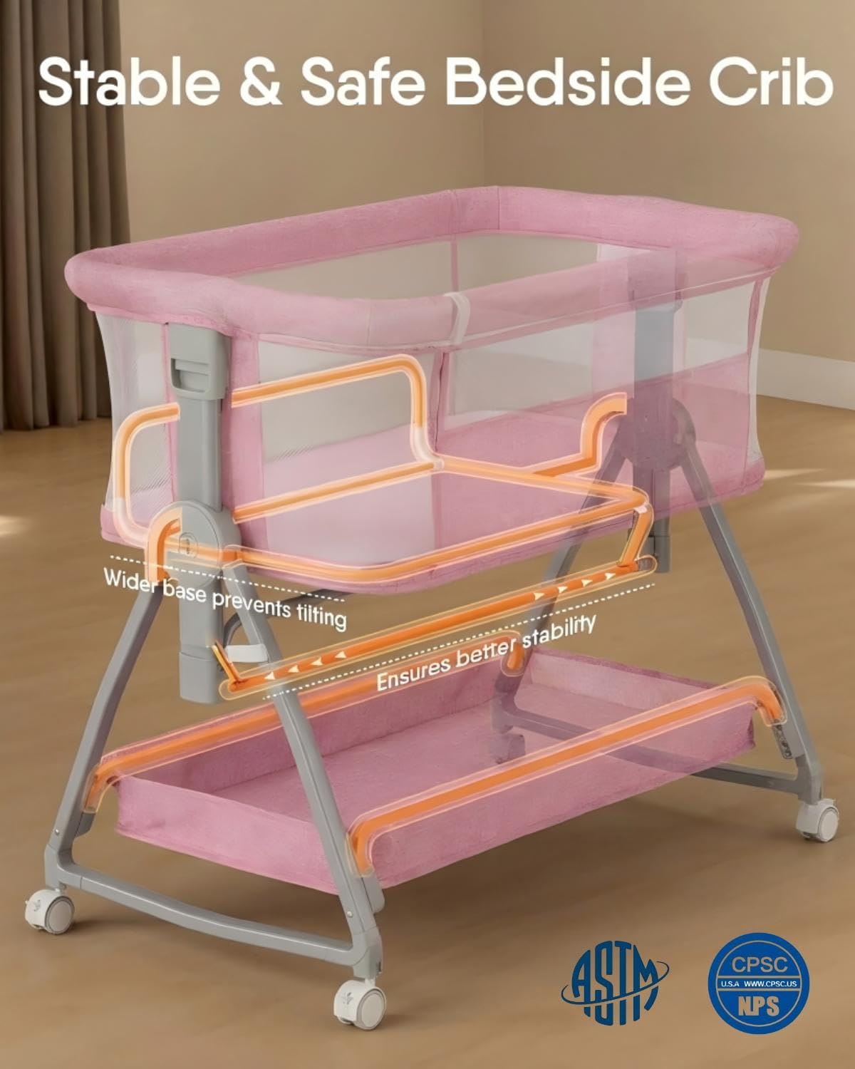 Bedside Bassinet for Baby, Sturdy 3 in 1 Bedside Sleeper with Mattress & Wheels, Height Adjustable, Breathable Mesh, Storage Basket, Easy to Assemble for Newborn, Grey