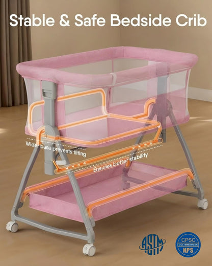 Bedside Bassinet for Baby, Sturdy 3 in 1 Bedside Sleeper with Mattress & Wheels, Height Adjustable, Breathable Mesh, Storage Basket, Easy to Assemble for Newborn, Grey
