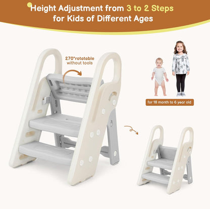 Onasti Foldable Toddler Step Stool for Bathroom Sink, Adjustable 3 Step Stool for Kids Toilet Potty Training Stool with Handles, Child Kitchen Counter Stool Helper, Plastic Ladder for Toddlers Pink