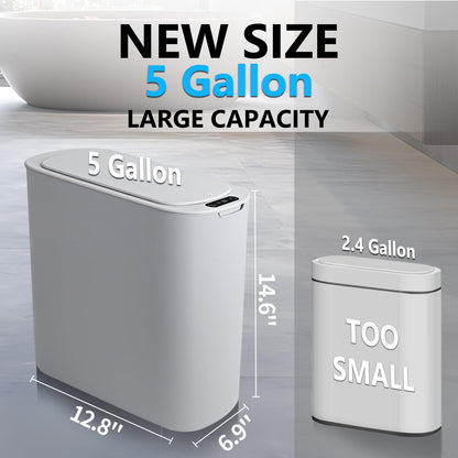 TIPGO 5 Gallon Motion Senor Bathroom Trash Can with Lid, Automatic Garbage Can Touchless, Smart Plastic Waste Basket for Narrow Spaces, Bathroom, Office, Bedroom, Living Room (White)