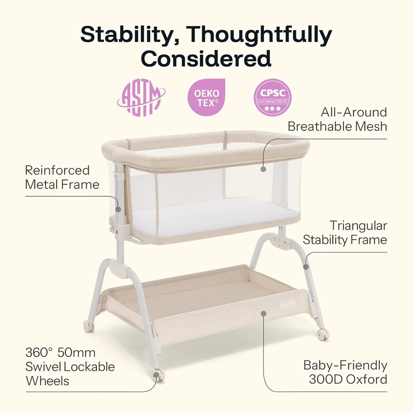 HARPPA Cuddly Lite Bassinet, 2 in 1 Baby Bassinet with Breathable Mesh and Mattress, 6 Height Adjustable, Bedside Sleeper with Anchor Strap, Storage Basket and Wheels, Light Grey