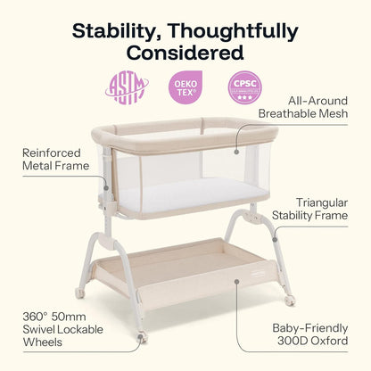 HARPPA Cuddly Lite Bassinet, 2 in 1 Baby Bassinet with Breathable Mesh and Mattress, 6 Height Adjustable, Bedside Sleeper with Anchor Strap, Storage Basket and Wheels, Light Grey
