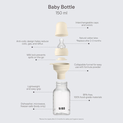 BIBS Baby Bottle 5 oz / 150 ml Silicone Nipple - Anti-Colic, BPA-Free, Round Nipple, Slow Flow, Lightweight & Easy to Clean, Suitable for Newborns 0+ Years - Blush