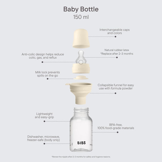 BIBS Baby Bottle 5 oz / 150 ml Silicone Nipple - Anti-Colic, BPA-Free, Round Nipple, Slow Flow, Lightweight & Easy to Clean, Suitable for Newborns 0+ Years - Blush