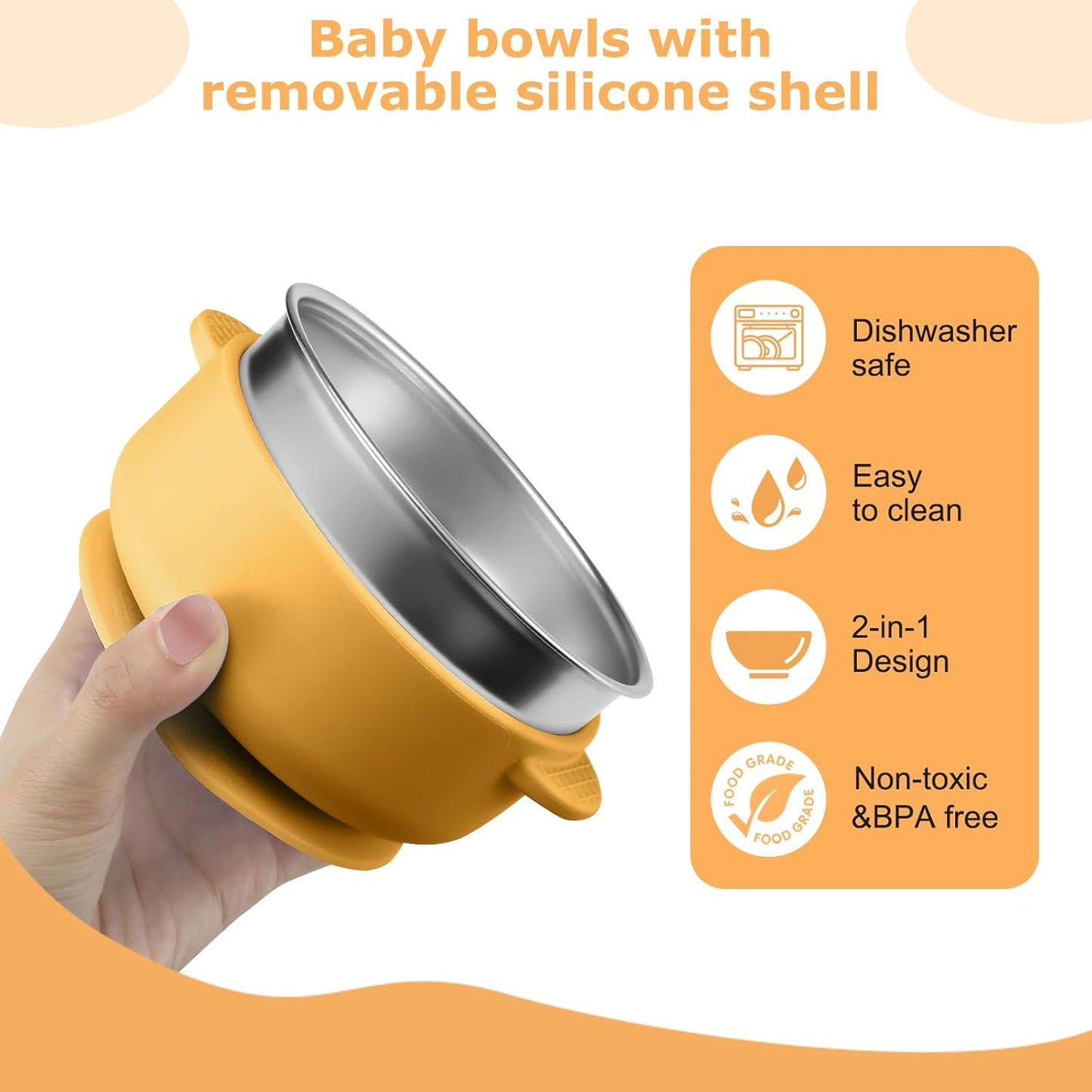 2 Pack Stainless Steel Baby Bowls with Removable Non-Slip Silicone Suction Shell and Lids, Anti Scald Food Container for Baby Food Feeding-Gray & Cream