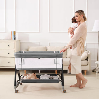 Bedside Bassinet for Baby, 3 in 1 Breathable Mesh Baby Bassinet, 6 Height Adjustable, Easy to Assemble, Bassinet Bedside Sleeper with Wheels, Mosquito Net, Storage Basket, Bassinets for Newborn Baby | Multi-functional