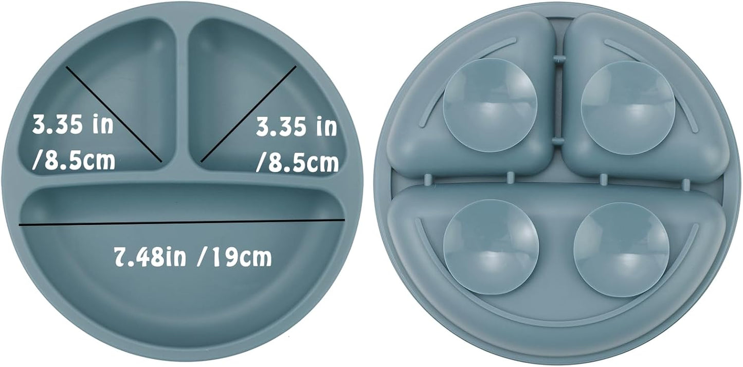 PandaEar Baby Feeding Set, 3 Pack Toddler Plates with 3 Spoons, 100% Silicone Divided Suction Plate for Babies, BPA-Free, Dishwasher and Microwave Safe -Blue/Red/Brown