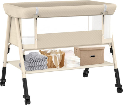 Baby Bassinet, 3-in-1 Baby Bassinets Bedside Sleeper for Newborn with Breathable Mesh, Portable Baby Crib with 4- Adjustable Height, Mattress, Storage Basket & Lockable Wheels, CPSC Beige