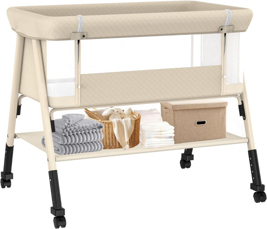 Baby Bassinet, 3-in-1 Baby Bassinets Bedside Sleeper for Newborn with Breathable Mesh, Portable Baby Crib with 4- Adjustable Height, Mattress, Storage Basket & Lockable Wheels, CPSC Beige