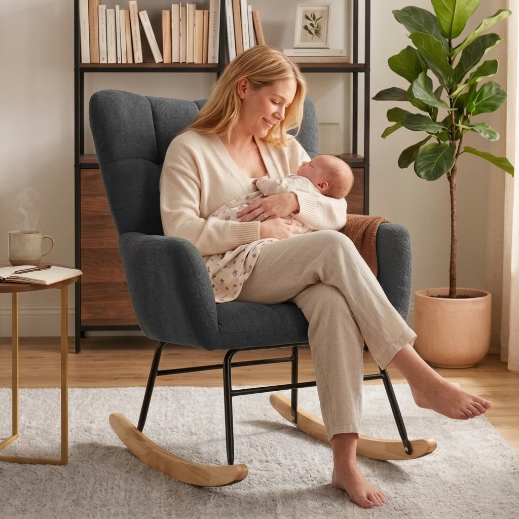 Nursery Rocking Chair, Rocking Chairs for Nursery, Baby Rocker Chair, Glider Rocker, Anti-Tip Safety Design, 440 Lb Weight Capacity, Cotton Fabric Cover, White
