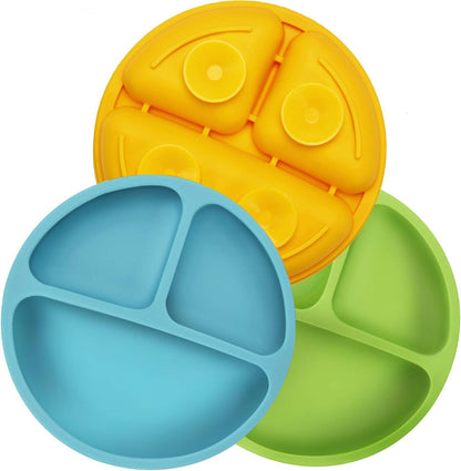 PandaEar 3 Pack Divided Unbreakable Silicone Baby and Toddler Plates - Non-Slip - Microwave Safe - Silicone (Pink Green Light Tan)