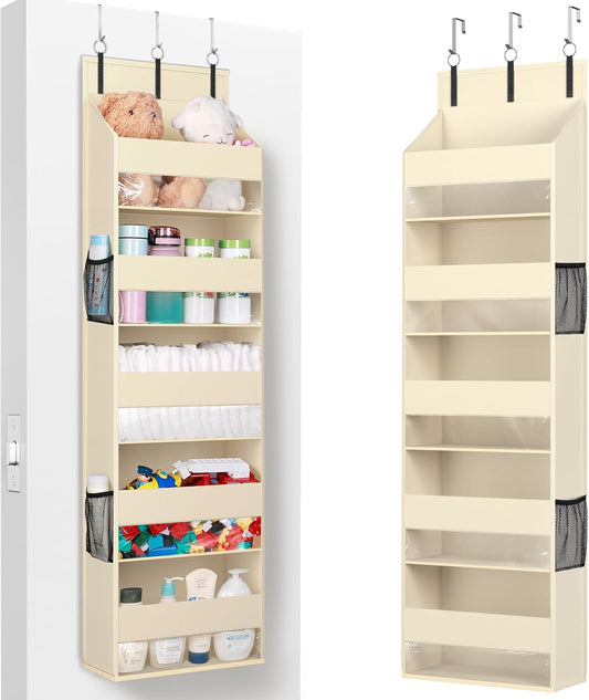 Lifewit 1 Pack Over the Door Organizer, 5 Section Clear Window Hanging Storage with 4 Side Pockets, Sturdy Anti Tilt 40 lbs Load Behind Door for Closet, Bedroom, Bathroom, Nursery, Dorm, Gray