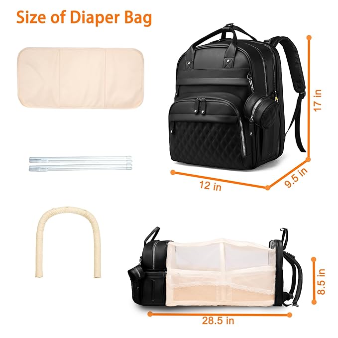 Astro alan Baby Diaper Bag Backpack with Changing Station, Waterproof Large Capacity Diaper Bag for Moms and Dads, Plant-Based Leather with USB Charging Port, Baby Gift for New Parents, Black