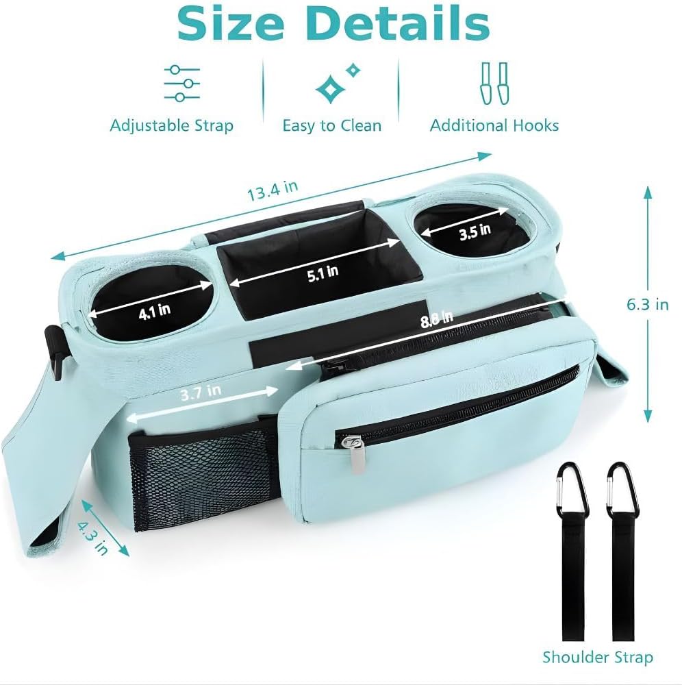 Stroller Organizer with Insulated Cup Holders - Universal Blue Baby Stroller Bag Caddy with Detachable Phone Pocket, Diaper Storage, Adjustable Straps for Uppababy, Doona, Baby Jogger, Britax