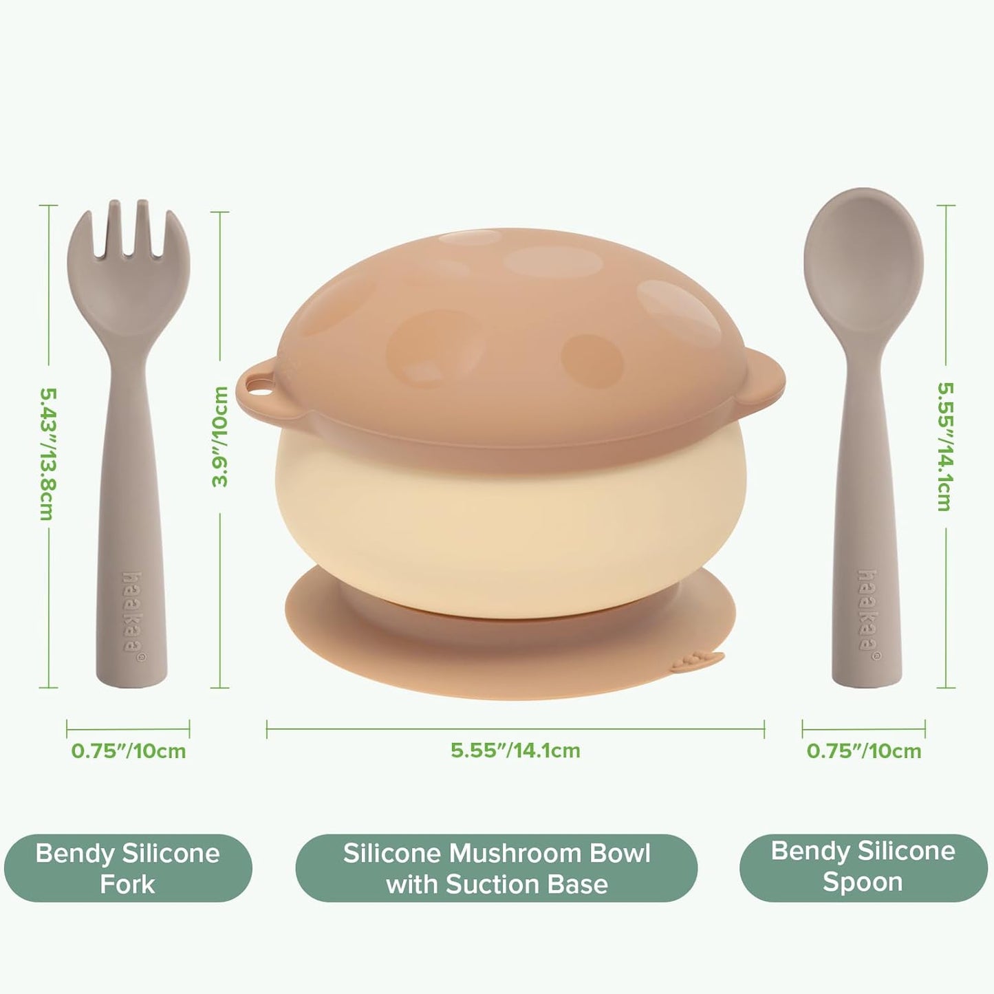 haakaa Silicone Mushroom Bowl & Bendy Cutlery Set – Baby Bowls with Suction & Spillproof Lid, Baby Spoons & Forks for Self Feeding, BPA-Free - Toast