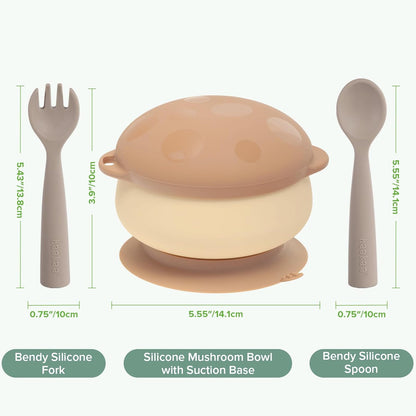 haakaa Silicone Mushroom Bowl & Bendy Cutlery Set – Baby Bowls with Suction & Spillproof Lid, Baby Spoons & Forks for Self Feeding, BPA-Free - Toast