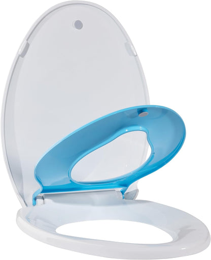 17" White Round Toilet Seat for Adult and Child, Built-In Potty Training Seat with Soft Quiet Close Non-Slip Design, Magnetic Kids Seat and Cover for Round/Oval Toilets, Easy to Install and Clean