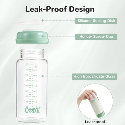 COMI Wide Neck Glass Breastmilk Collection n Storage Bottle, 4 Packs,10oz with Screw Ring Sealing Disk,Re-markable Sealing Disc,BPA Free,Fits Breast Pumps&Nipples(4 Green Lids)