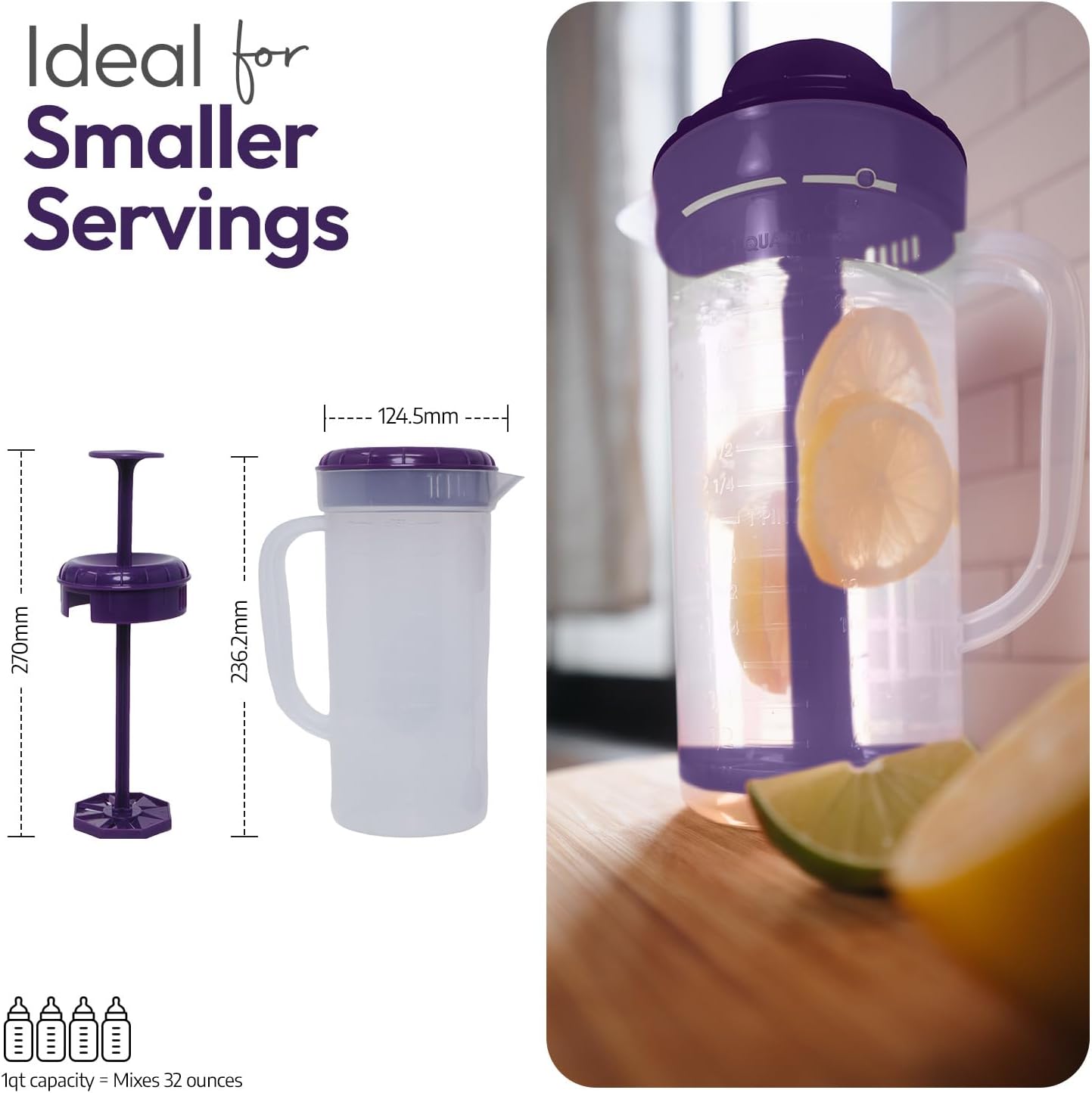JBK Pottery 1 Quart Plastic Mixing Pitcher with Mixing Lid, BPA Free, Shatterproof Beverage Jug for Iced Tea, Lemonade, Juices, Milk – Leak-Proof, Easy Stirring, Dishwasher Safe | Blue