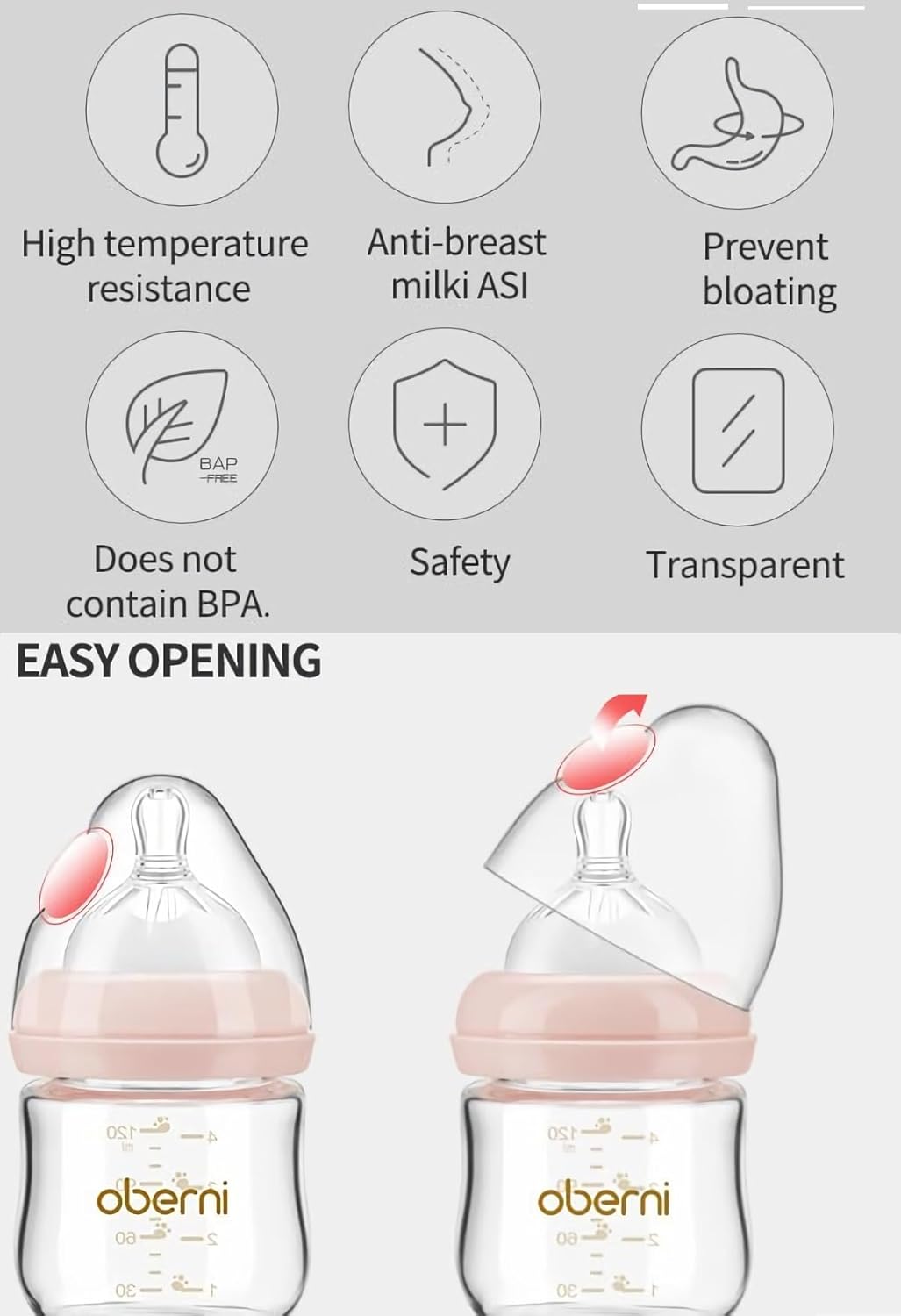 Oberni Glass Baby Bottles,Anti Colic Breastfeeding Bottle with Natural Response Nipple Size S,Wide Neck Slow Flow Baby Bottle for Baby,Newborn,Preemie 0-3 0-6 Month,BPA Free (Pink, 1 Pack, 4 Ounce)