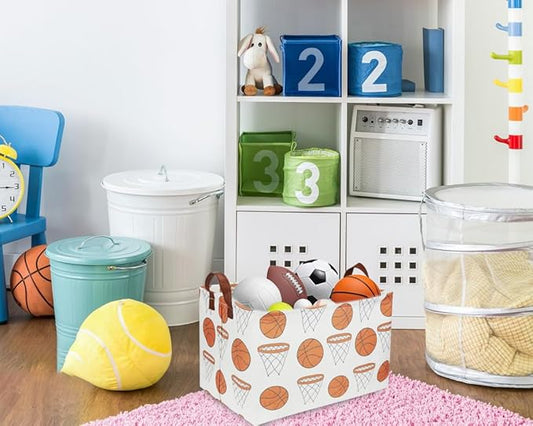 Rectangular Baketball Baskets,Kids Basket for Boy.Waterproof PE Coating Cute Basket with Handles.Boys Bin,Toys Box,Books Bins. (Basketball)