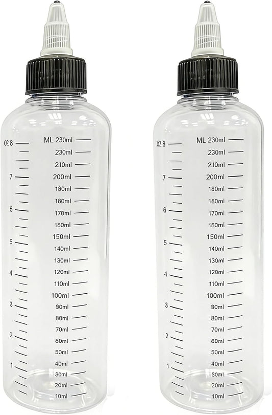 2 Pack 8.5oz Hair Dye Applicator Bottles Clear Plastic Squeeze Bottle with Graduated Scale and Twist-On Tip Cap Hair Oil Color Dispenser for Salon Stylist Home Use