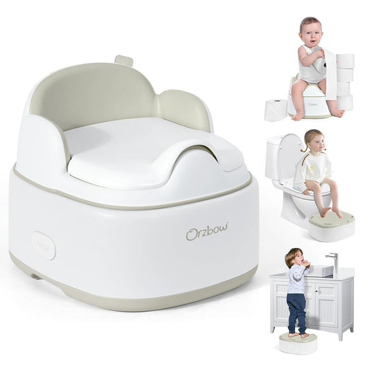 Orzbow 3-in-1 Toddler Potty Training Toilet | Baby Potty Chair, Toilet Topper Training Seat and Step Stool for Boys and Girls, Easy-to-Clean with Splash Guard and Lid, Grey