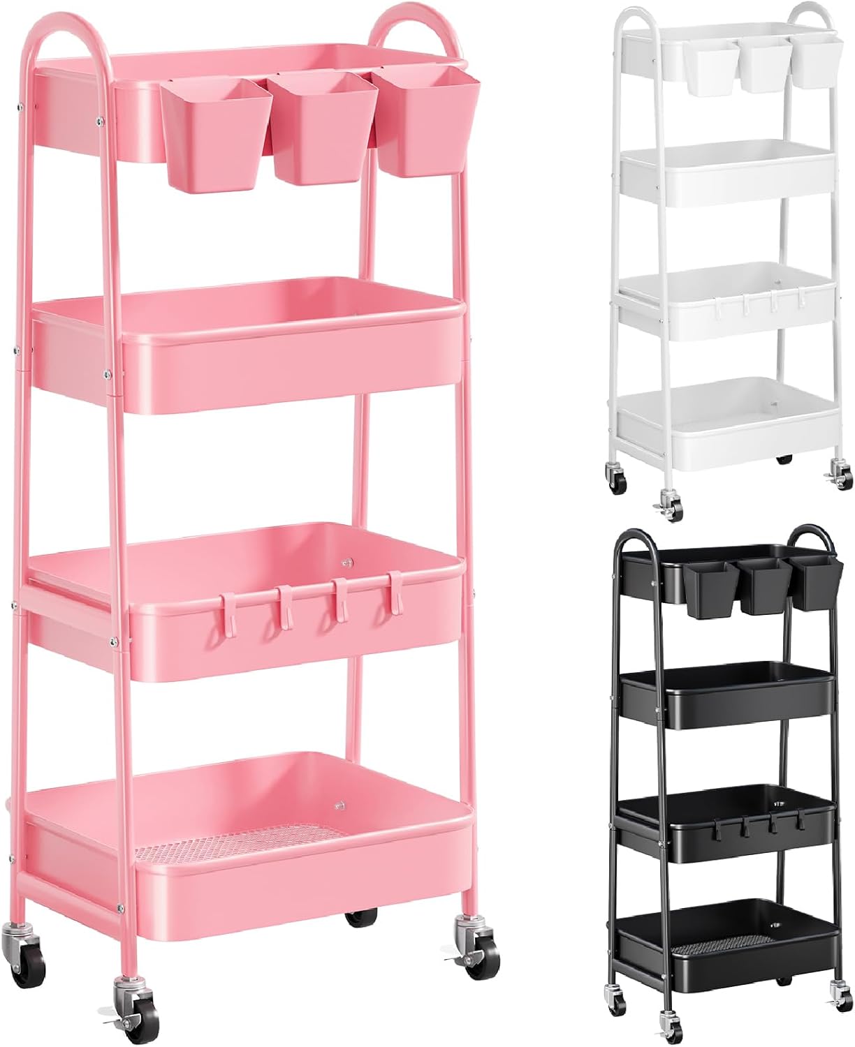 3 Tier Heavy Duty White Metal Rolling Cart with Lockable Wheels, Three Tier Roller Book Snack Cart, Utility Storage Organizer Carts for Kitchen, Bathroom, Garage, Baby Diaper, Craft, Art, Teacher