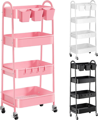 3 Tier Heavy Duty White Metal Rolling Cart with Lockable Wheels, Three Tier Roller Book Snack Cart, Utility Storage Organizer Carts for Kitchen, Bathroom, Garage, Baby Diaper, Craft, Art, Teacher