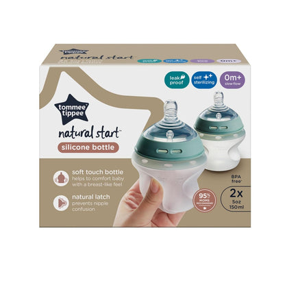 Tommee Tippee Natural Start Anti Colic 9 oz BPA Free Silicone Baby Bottles, 0+ Months, Silicone Feels Like Mother's Skin, Slow Flow Breast-Like Nipple, Pink and Purple, Pack of 2