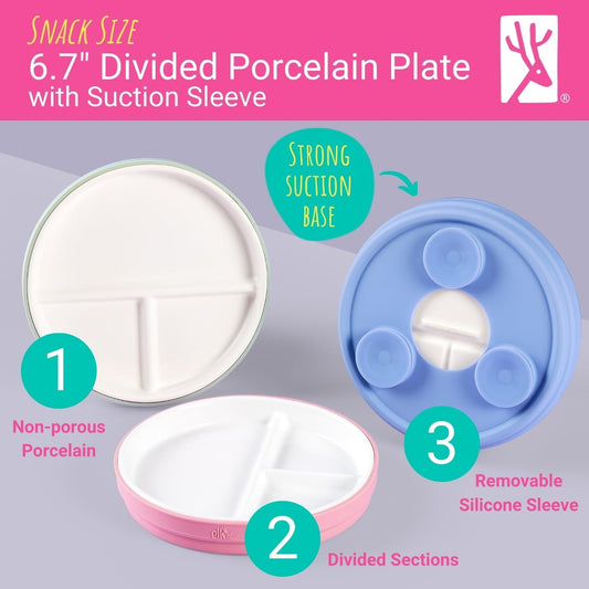 Elk and Friends Kids 6.7” Porcelain Divided Plates with Silicone Suction Sleeves + Silicone Lids | Suitable for Babies/Kids/Toddlers | Microwave & Dishwasher Safe | Non Slip | Snack Dishes | 4 Pack