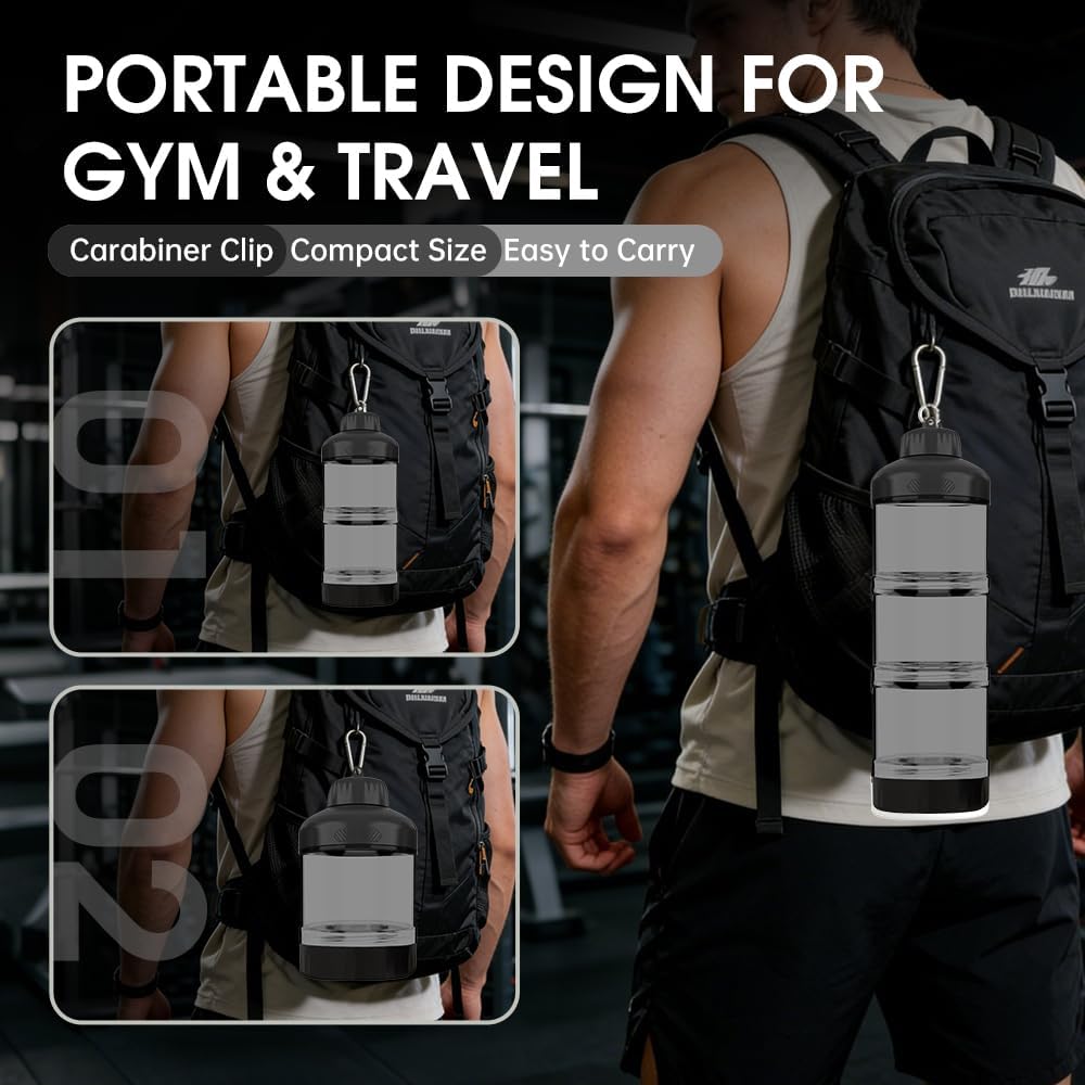 BYLWORKOUT 3-Layer Protein Powder Travel Container with Funnel and Keychain | Portable Food Storage Organizer for Gym, Fitness, Kitchen, Camping, Hiking, and Travel (Ink Blue)