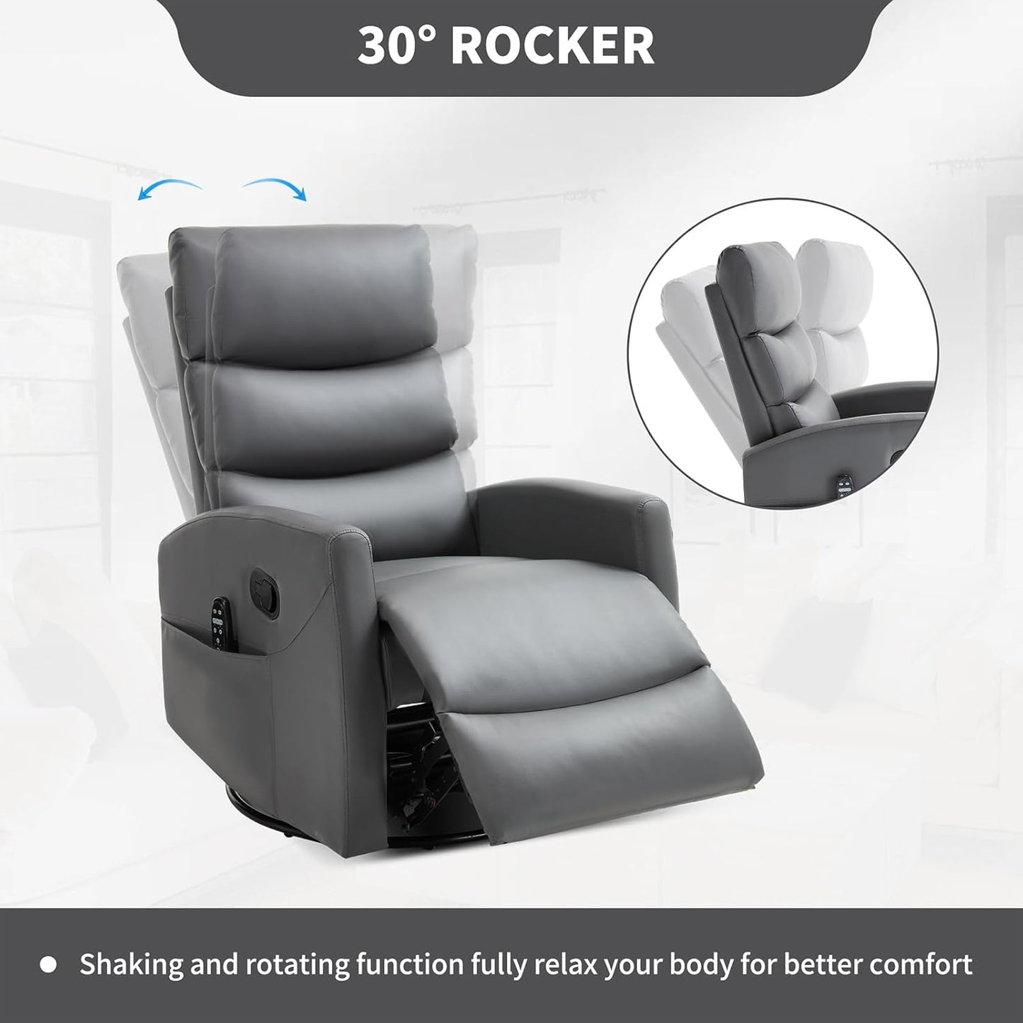Massage Chair Recliner with Heat, Swivel Rocking Chair Recliner with High Back, Manual Nursery Recliners for Adults,Small Recliner Chair for Small Spaces, Living Room Bedroom, Fabric (Blue Green)