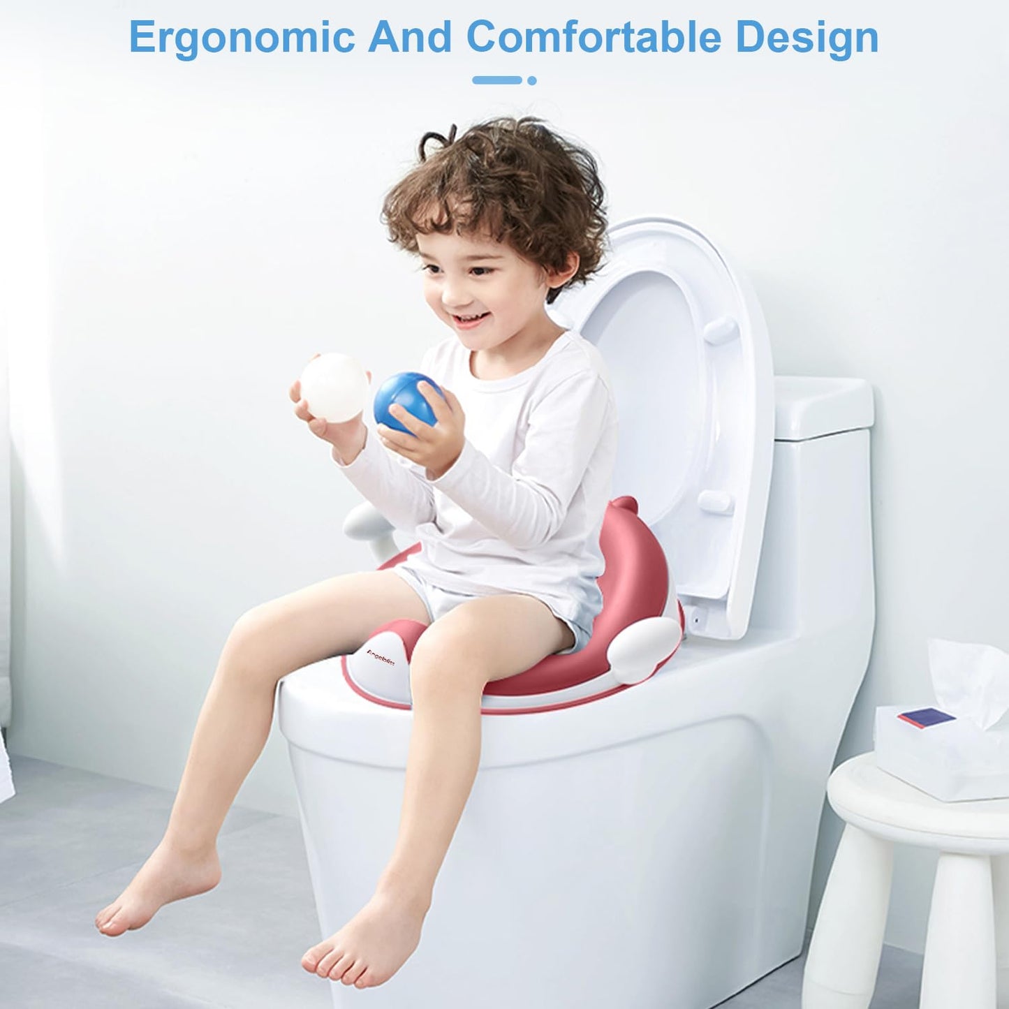 ANGELBLISS Baby Potty Training Toilet Seat with Soft Cushion Handles, Haute Collection, Double Anti-Slip Design and Splash Guard for Boys and Girls (Pink)