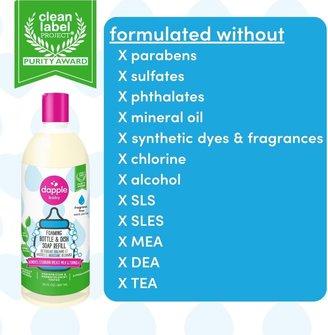 Dapple Baby Bottle & Dish Foaming Power Spray, Hypoallergenic Dish Soap for Baby Bottles, Powered by Plants, Fragrance Free, 16.9 Fl Oz (Pack of 2)